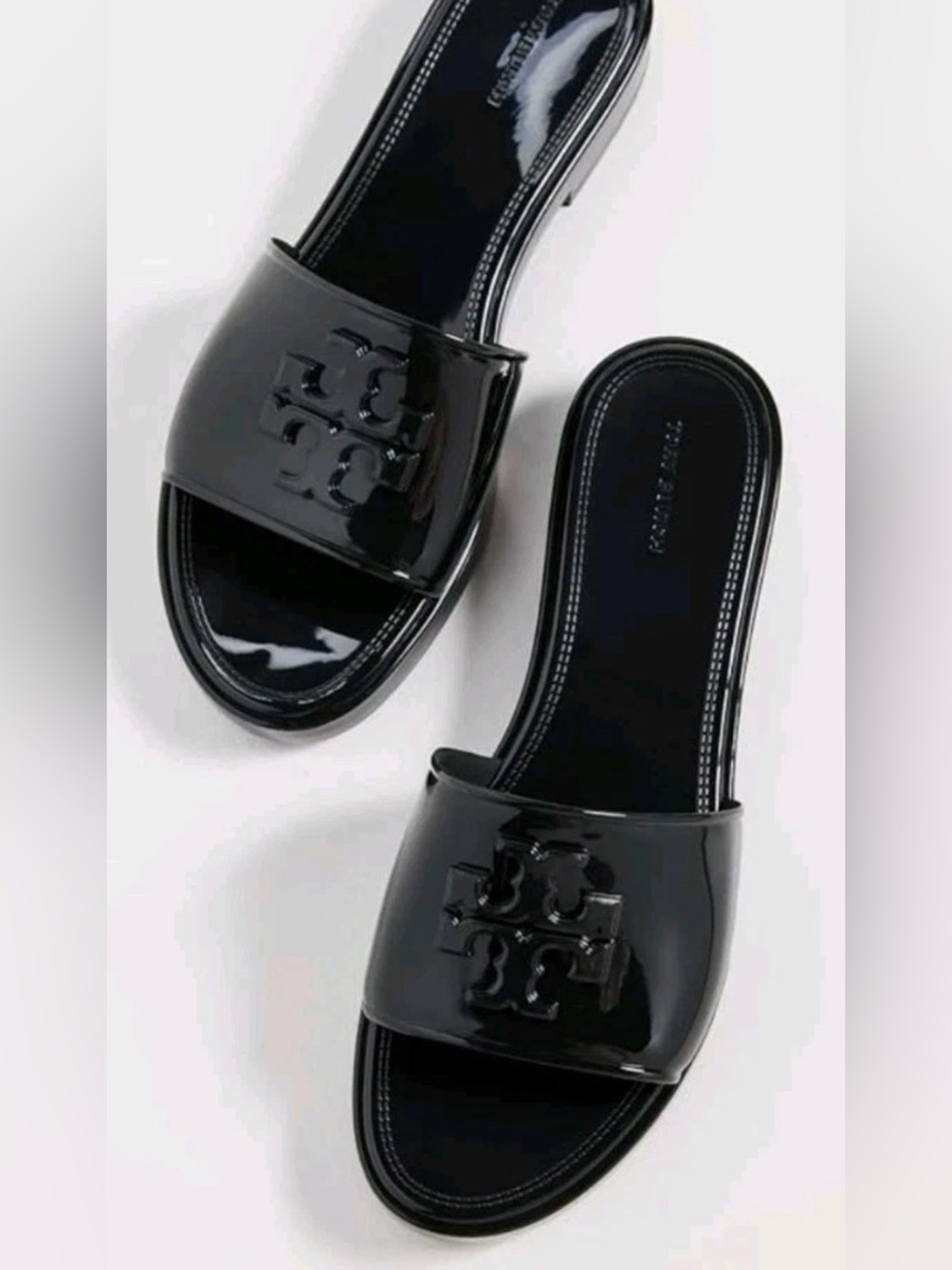 Tory Burch Eleanor Jelly Slides Black Patent T Logo Slide Sandals
